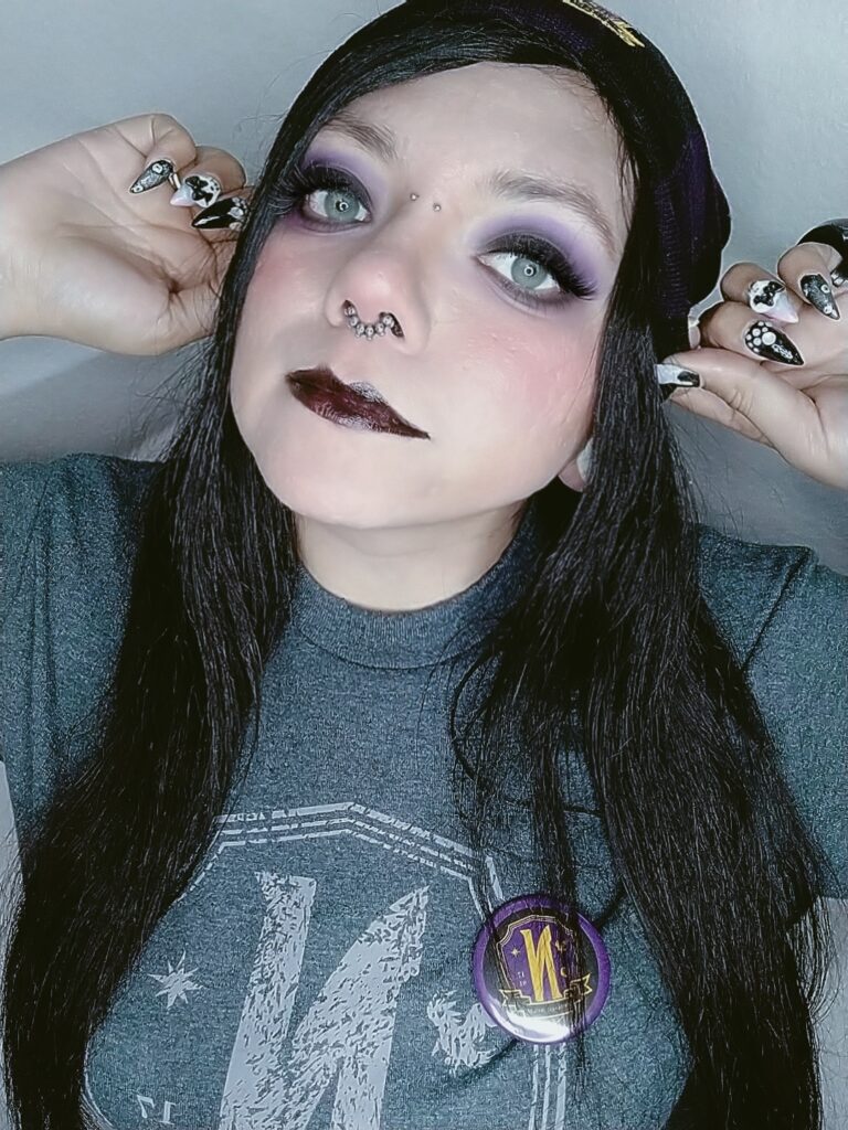 kathdollmeow with beanie, tim burton girl, nevermore academy, netflix , kathdollmeow gorgeous gamer girl, beautiful gamer girl. female vocalist, female singer, black long hair pale skin light eyes, dark princess pastel goth